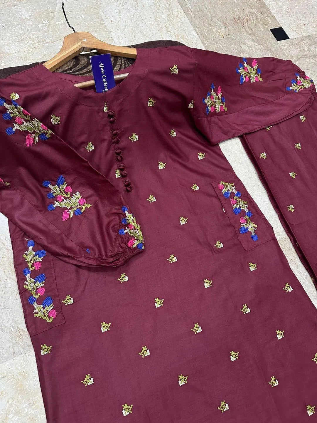 Maroon Embroidered Kurti & Flapper Set for Women