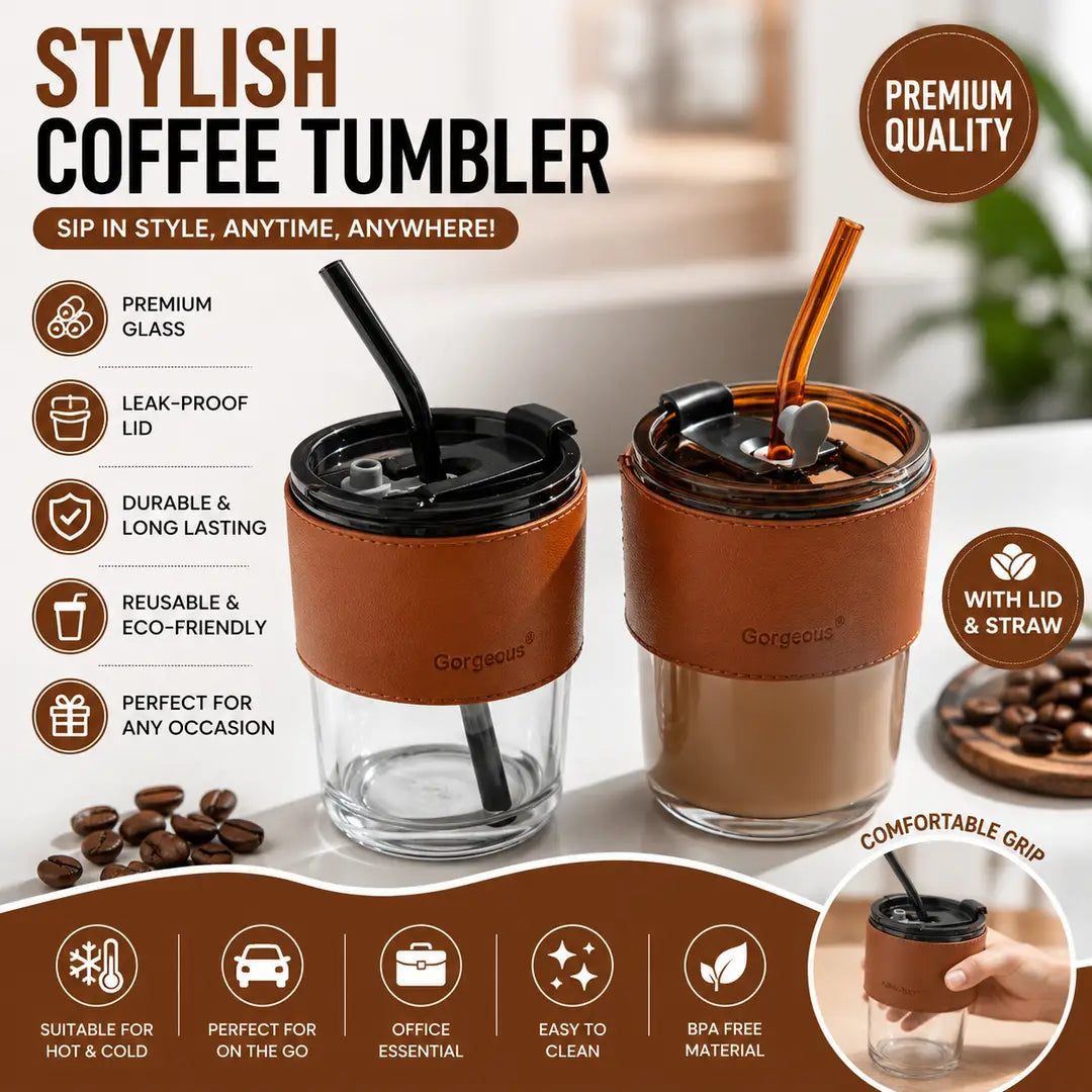 380ml Slub Glass Tumbler Cup - Straw, Lid & Leather Sleeve