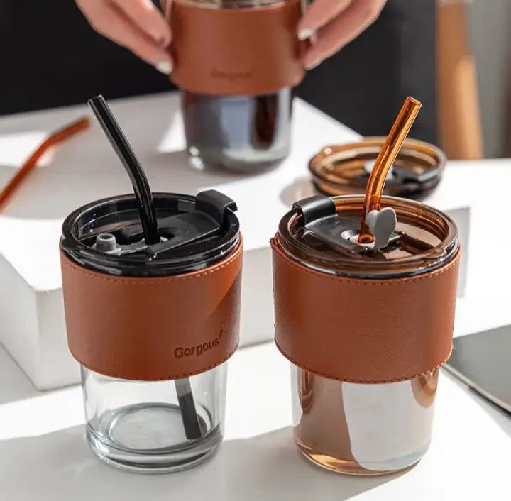 380ml Slub Glass Tumbler Cup - Straw, Lid & Leather Sleeve