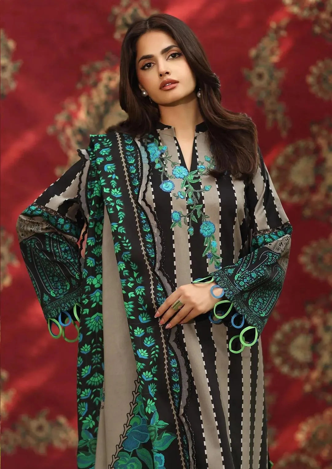 Pakistani Embroidered Kurti With Green And Beige Stripes