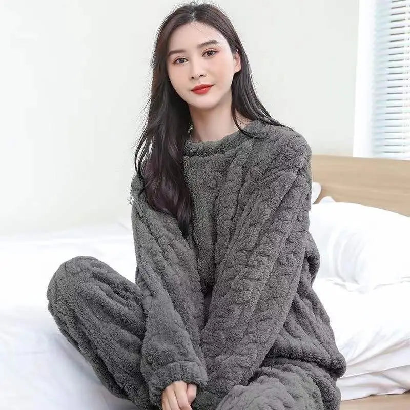 Winter Jacquard Flannel Warm Loungewear Suit