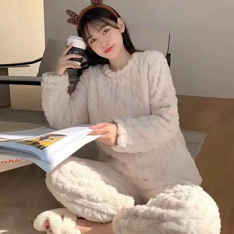 Winter Jacquard Flannel Warm Loungewear Suit