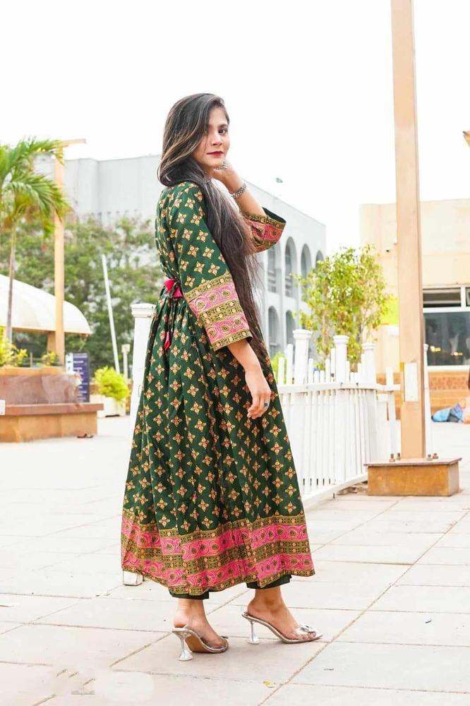 Green Katan Silk Maxi Gown With Golden Embroidery