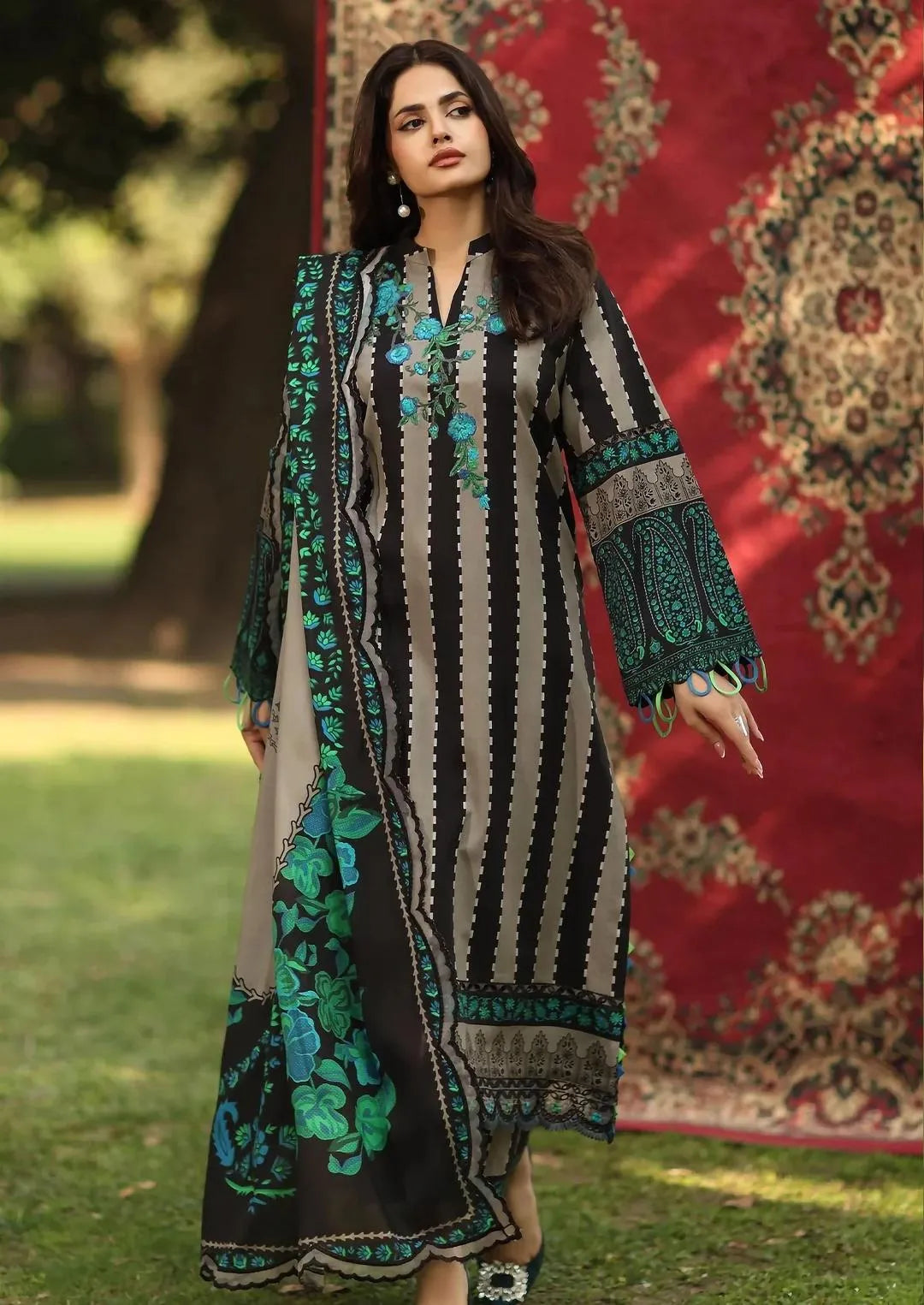 Pakistani Embroidered Kurti With Green And Beige Stripes