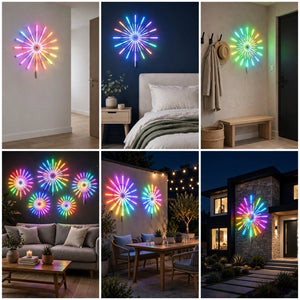 Six-panel collage showing a colorful burst-style wall light mounted in different real-world interior and exterior settings. The light projects a rainbow starburst pattern onto walls and outdoor surfaces, with no people or animals present.